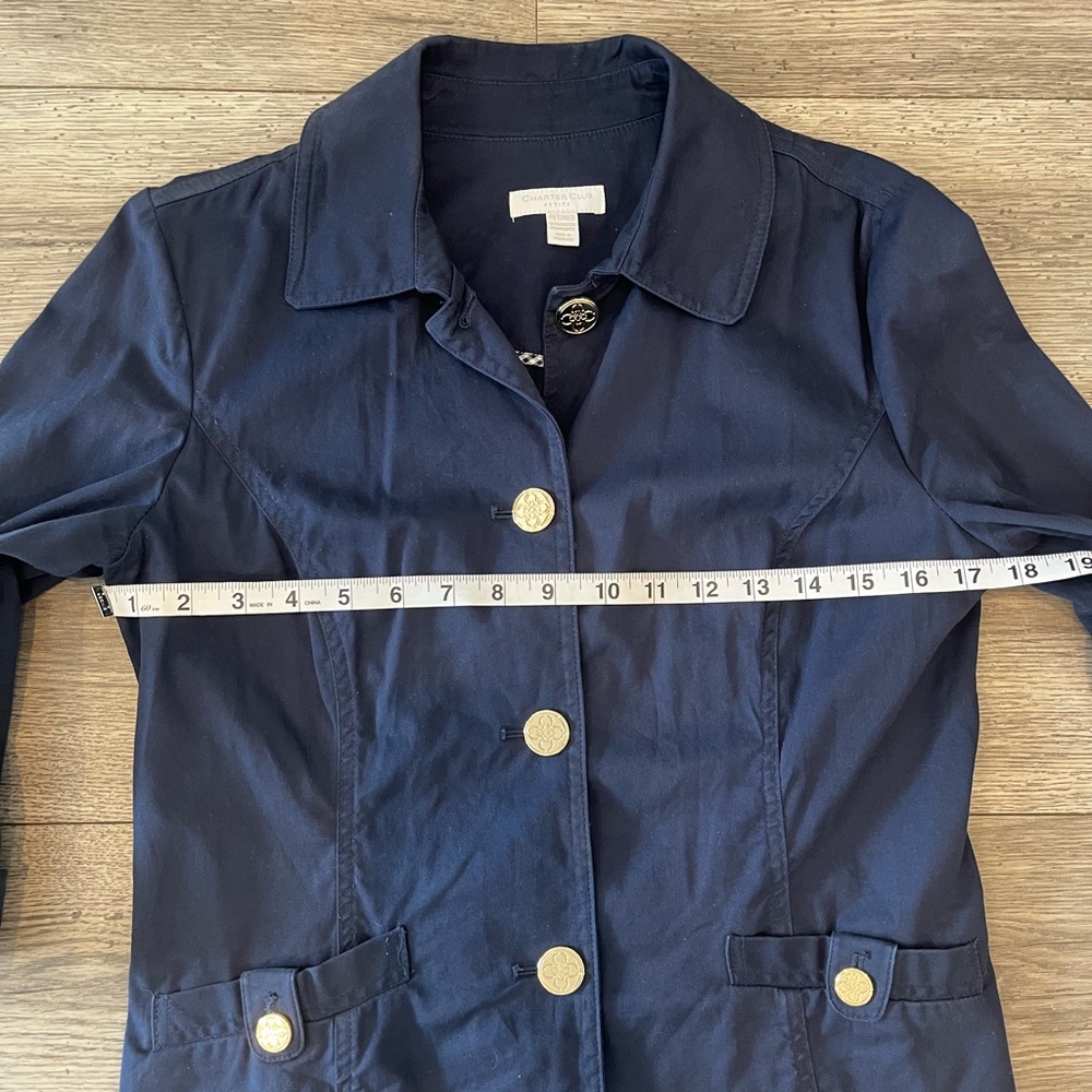 Charter Club Navy Blue Utility Jacket Gold Buttons Roll Tab Sleeve Petite Medium - Picture 5 of 6